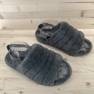 UGG Womens Gray Fluff Yeah Slide Slippers Size 9 Platform Sandal Sheepskin